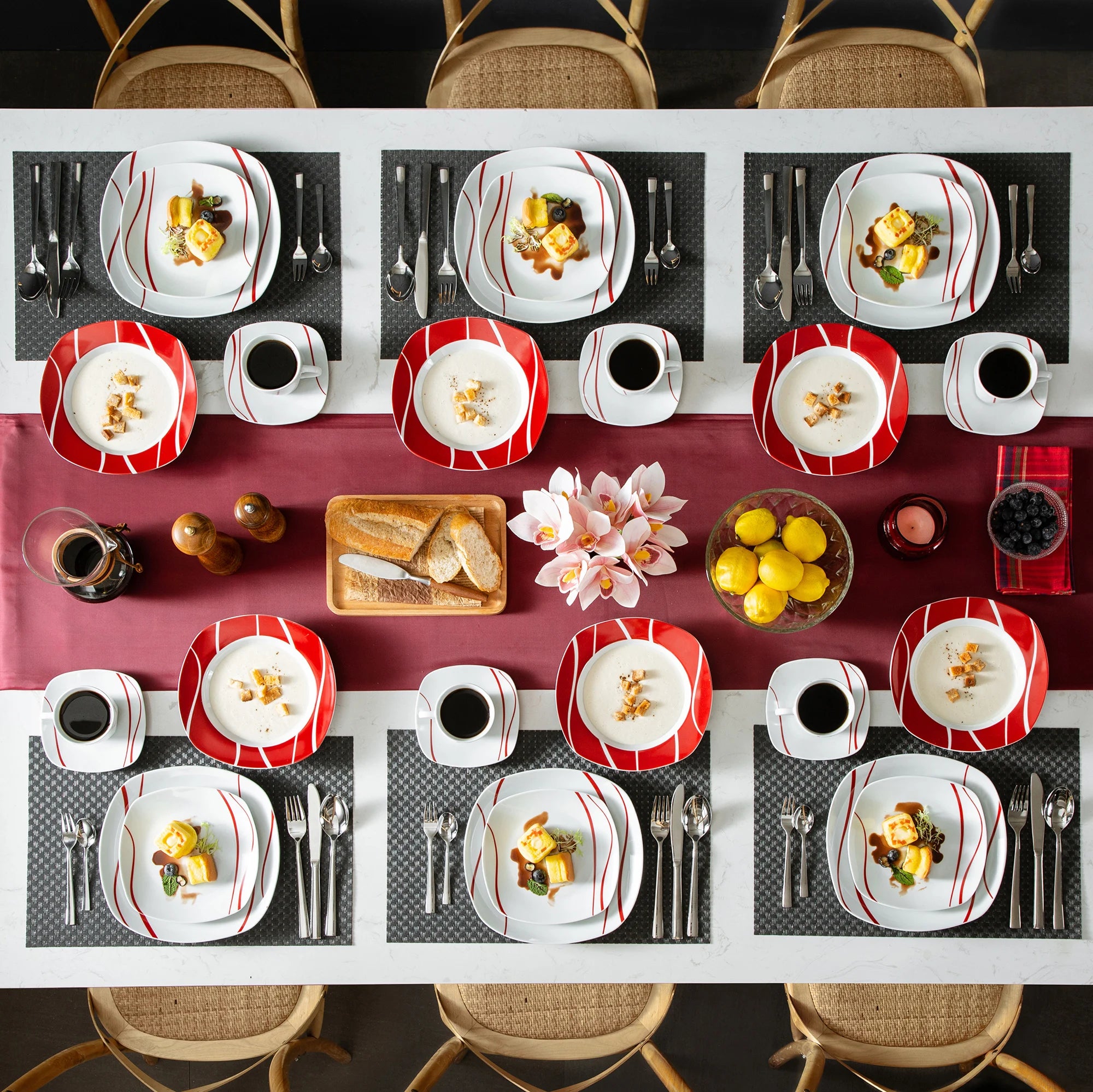 MALACASA Felisa 30-Piece Dinnerware Set — Ivory White Porcelain with Red Stripes