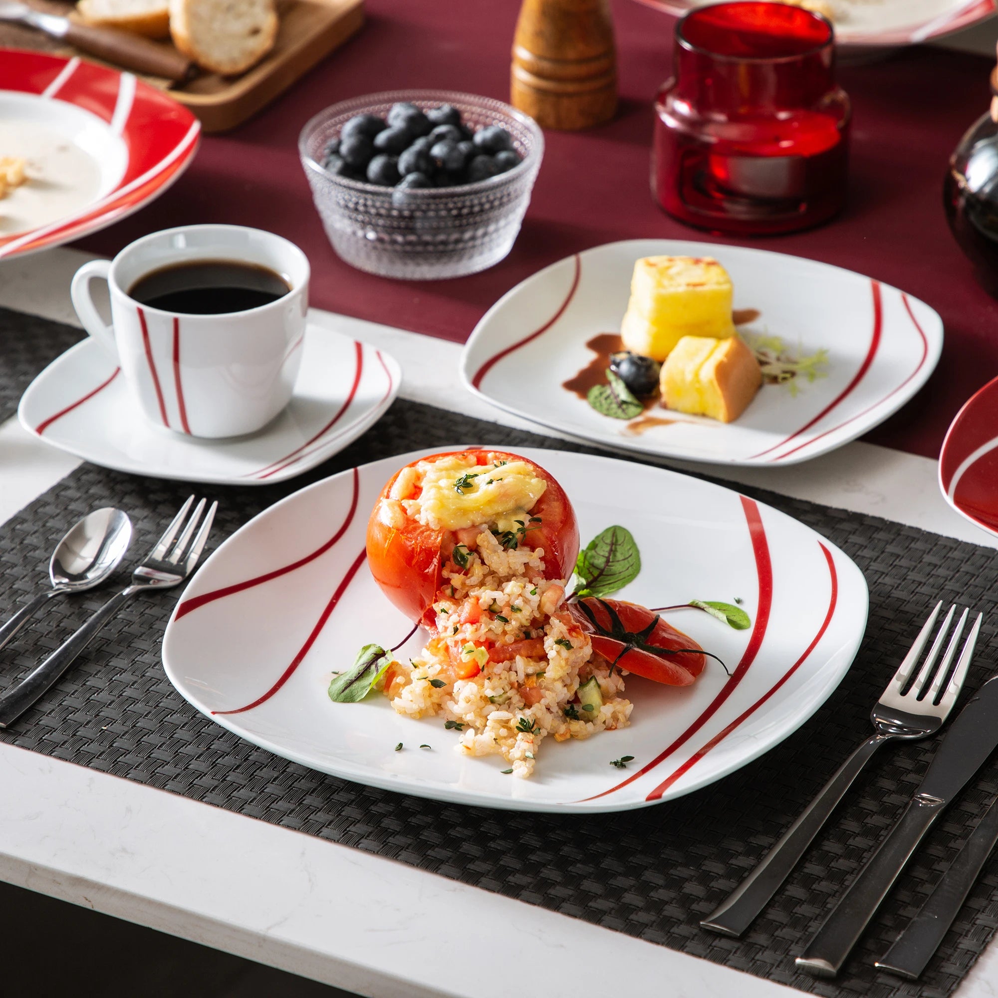 MALACASA Felisa 30-Piece Dinnerware Set — Ivory White Porcelain with Red Stripes