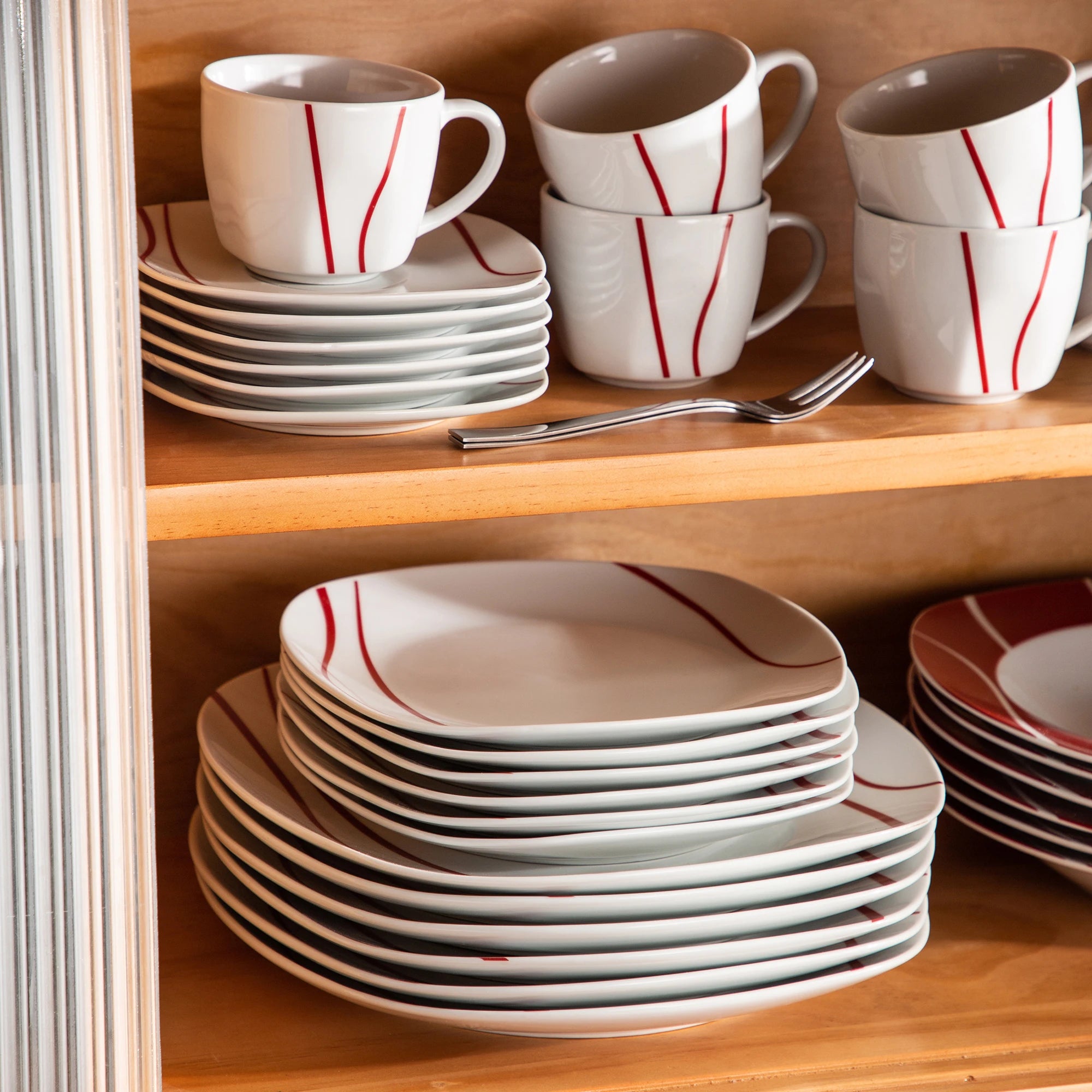 MALACASA Felisa 30-Piece Dinnerware Set — Ivory White Porcelain with Red Stripes